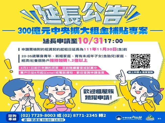  營建署宣布300億租金補貼申請延至至10月底止 